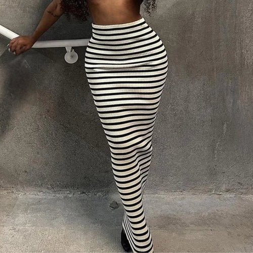 Black White Stripe Knitted Bodycon Maxi Wrap Hip Skirt