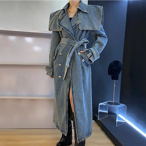 Women Design Fashion Laps Long Denim Jacket