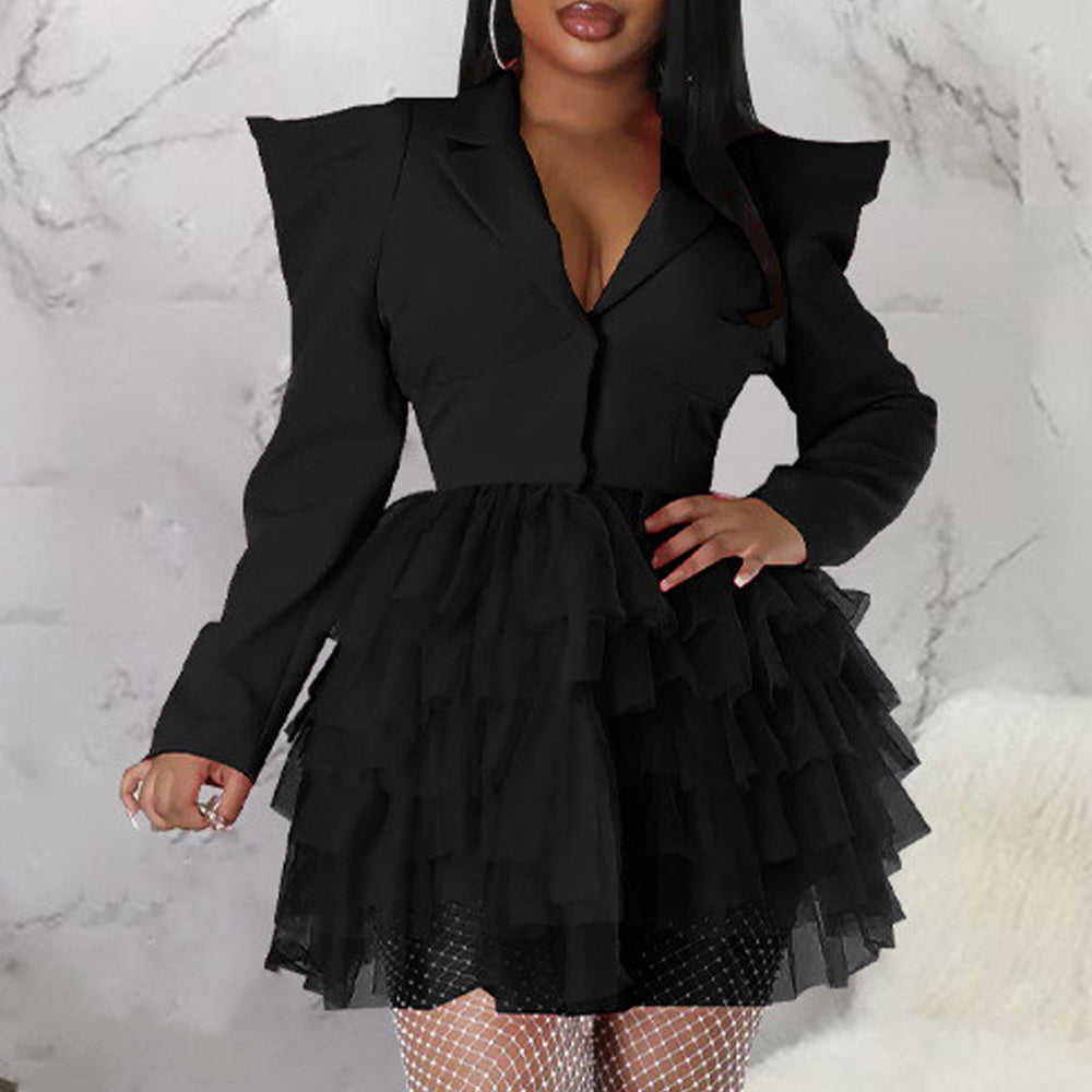 V-Neck Long Sleeve Mini Cupcake Dress/Jacket  Main Fabric Composition: Polyester (Polyester Fiber) KMT103833F4D