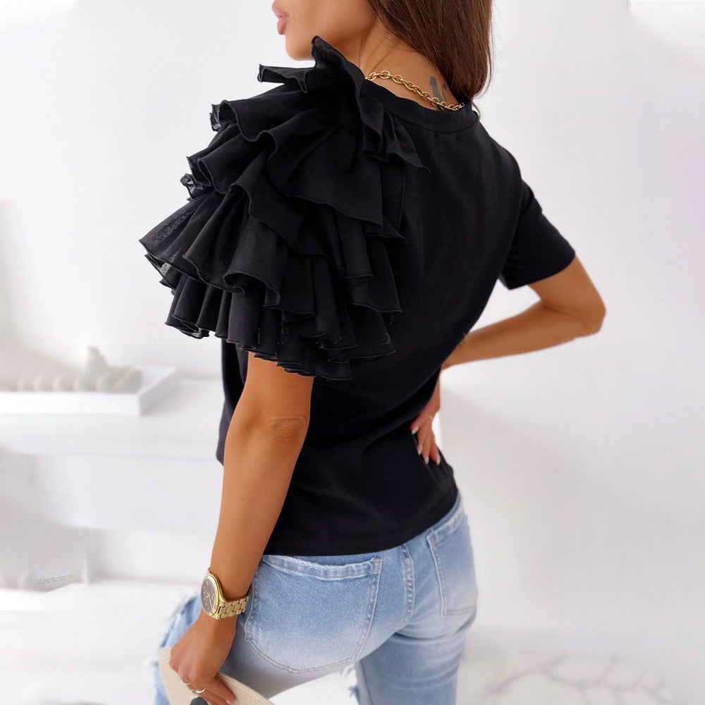 Simple Ruffle Short Sleeve Round Neck Top Main Fabric Composition: Cotton KMT1035FB06
